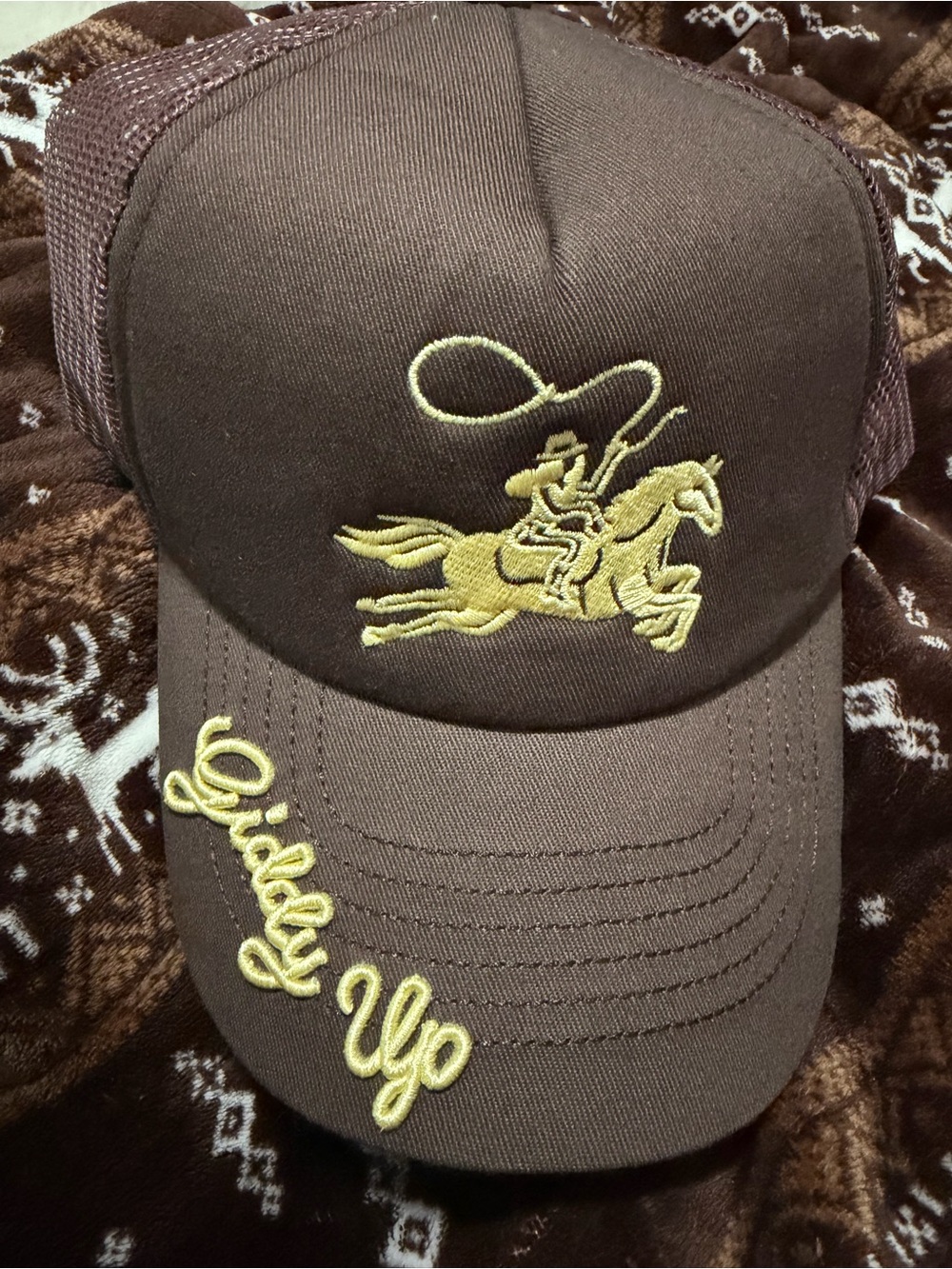 New Free People Rodeo Rider Embroidered Trucker Cap - Brown/Gold